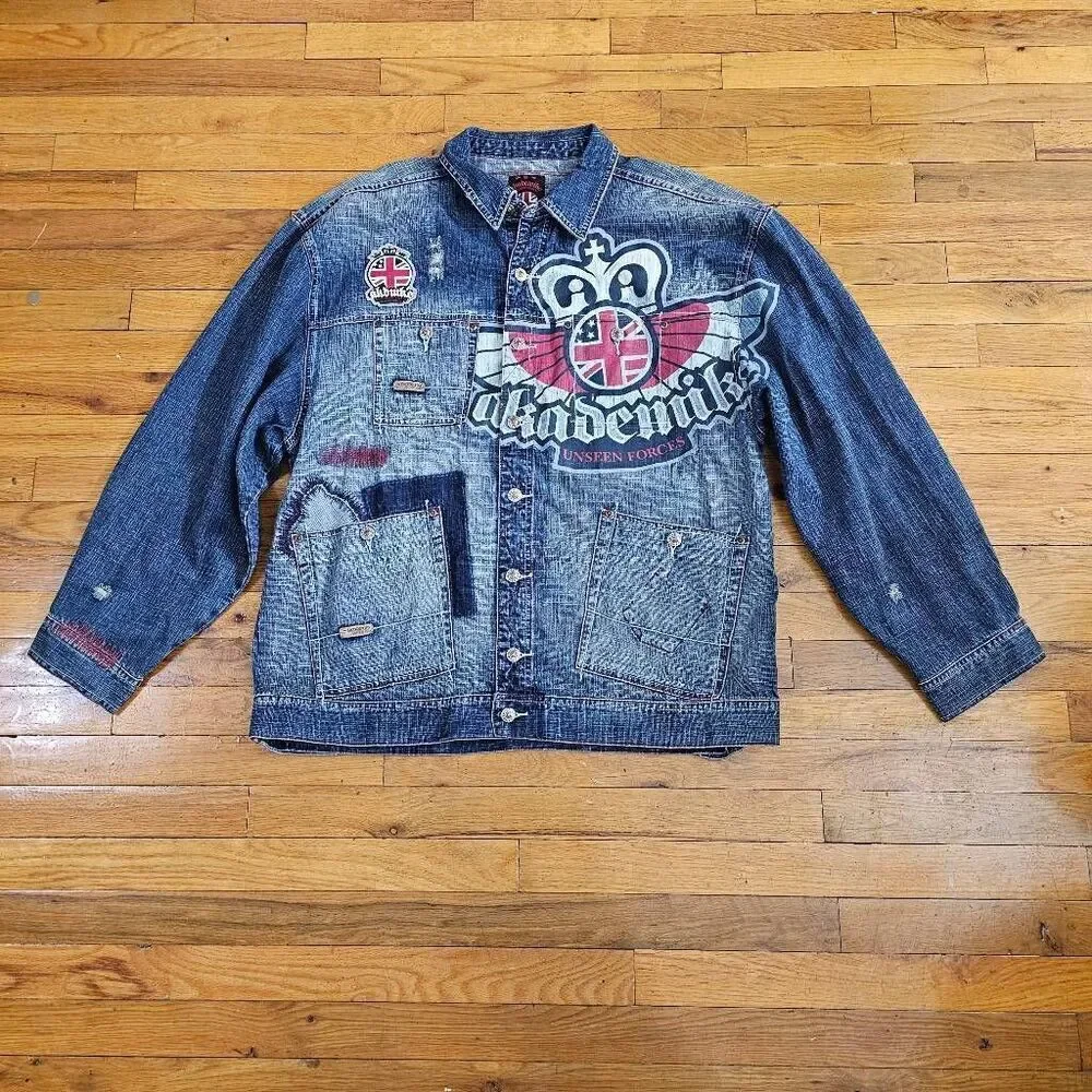 Akademiks Men Jean Jacket Unseen Forces Distressed XXL
